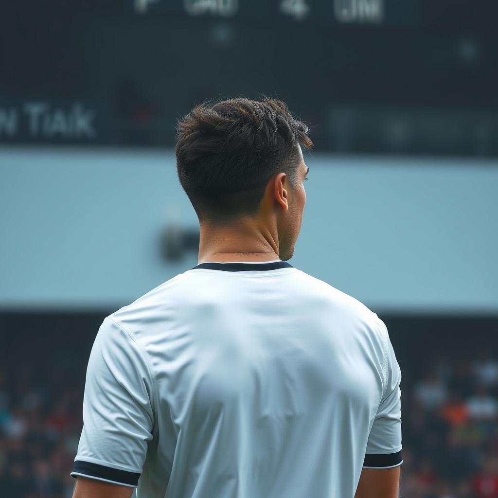 A footballer in a plain white shirt, seen from behind and cropped below the chin, looks across the pitch on a grey, drizzly matchday with a blurred crowd behind him.