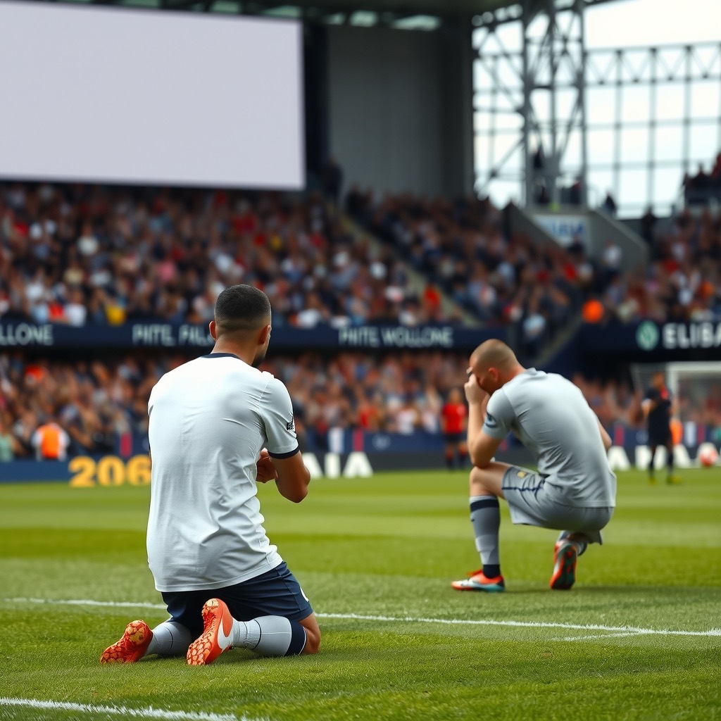 Two anonymous footballers, one in white and navy kneeling with hands together and one in grey crouching with a hand to his chin, on a sunlit pitch seen from behind.