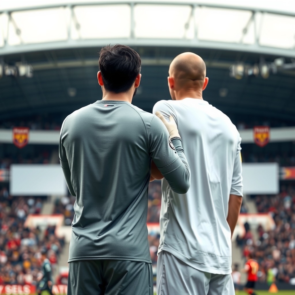 Two footballers seen from behind stand arm-in-arm during the anthems in a large daylit stadium.