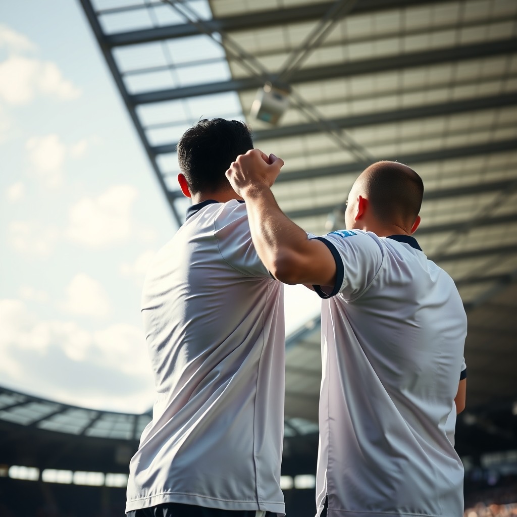 Two footballers in plain white shirts embrace and celebrate, seen from behind, beneath a stadium roof and pale sky.