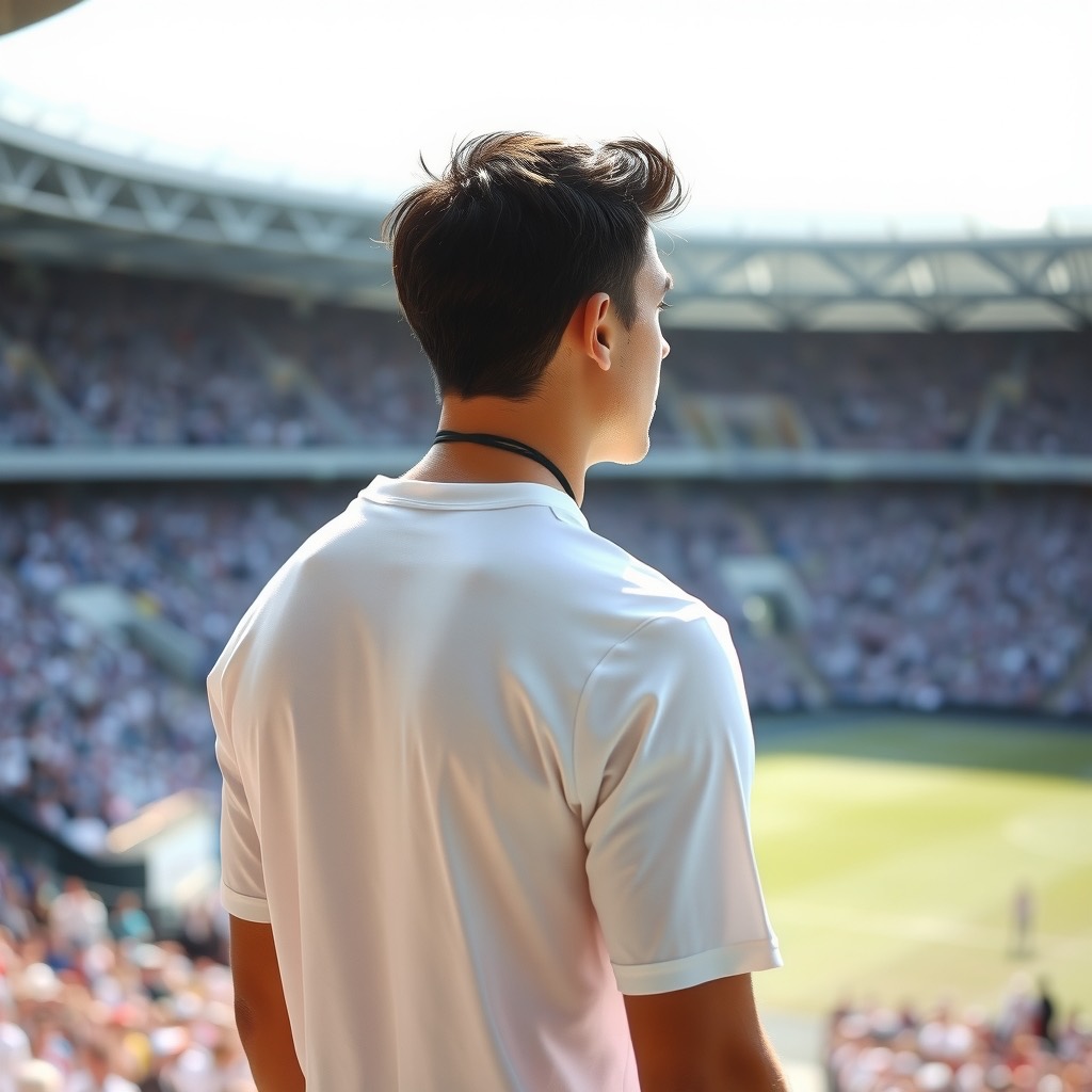 A footballer in a plain white shirt seen from behind, standing in a sunlit stadium with a blurred crowd in the background.